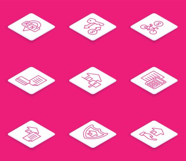 Hat konum anahtarı, kira, bisiklet kiralama mobil uygulaması, kredi kartı, dolarlı ev, hesap makinesi, sözleşme ve kalkan simgesi. Vektör