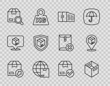 Karton karton kutu, konteynır, dünya çapında nakliye, arama paketi kalkan, kontrol işareti ve konum simgesiyle teslimat güvenliğini ayarlayın. Vektör