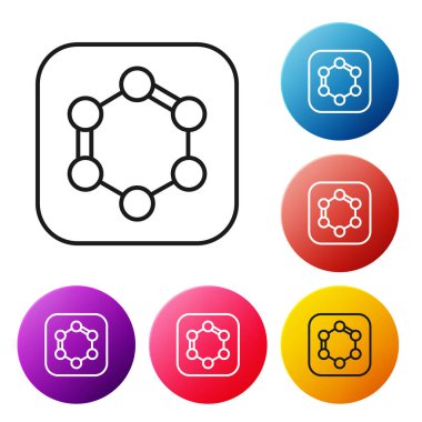 Benzen halkalarından oluşan siyah çizgi kimyasal formülü beyaz arka planda izole edilmiş. Renkli daire düğmelerini ayarlayın. Vektör.