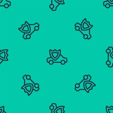 Kalkan ikonuna sahip mavi çizgi arabası yeşil arka planda izole edilmiş pürüzsüz desen. Sigorta konsepti. Güvenlik, güvenlik, koruma, konsept koruma. Vektör