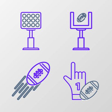 Bir numaralı pervane eldiveni, parmak havada ve Amerikan futbol topu, Amerikan futbolu, kale direği ve parlak stadyum ışıkları ikonu. Vektör