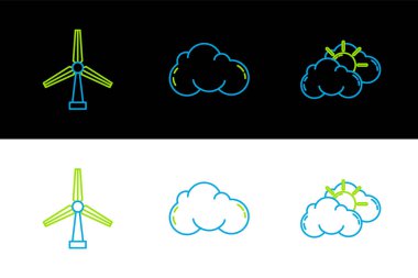 Güneş, bulut havası, rüzgar türbini ve bulut simgesi. Vektör
