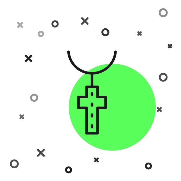 Zwarte Lijn Christelijk Kruis Ketting Pictogram Geïsoleerd Witte Achtergrond Kerkkruis — Stockvector