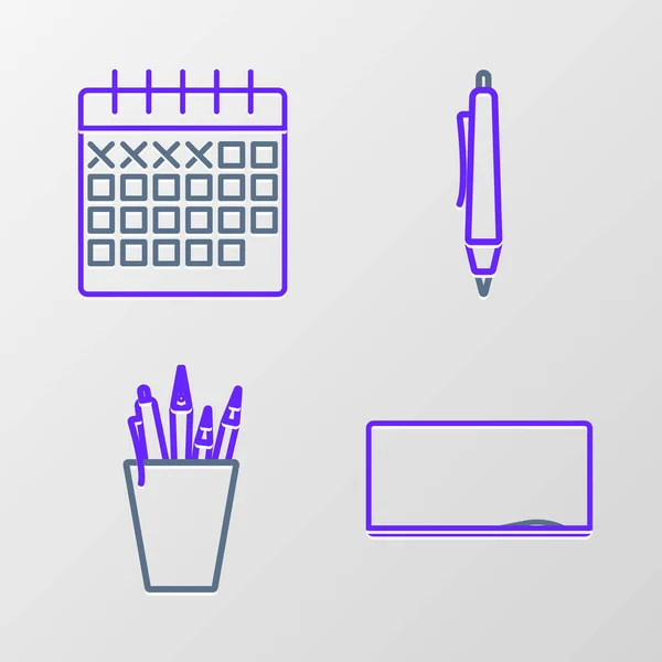 Setzen Sie Linie Kreidetafel Bleistiftetui Briefpapier Und Kalender Symbol Vektor — Stockvektor