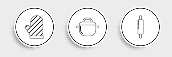 Набор Линии Rolling Pin Духовка Перчатка Cooking Pot Значок Вектор — стоковый вектор