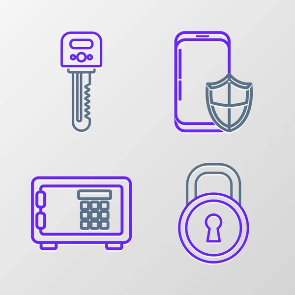 stock vector Set line Lock, Safe, Smartphone with security shield and Key icon. Vector