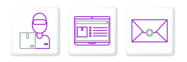 Set Line Briefumschlag Zusteller Mit Kartons Und Laptop App Lieferung — Stockvektor