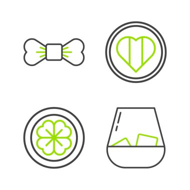 Bir bardak viski, dört yapraklı altın sikke, Kalp ve Mutlu Aziz Patrick günü ve papyon ikonu. Vektör