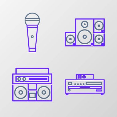 Hat CD çalar, iki hoparlörlü müzik seti, Stereo ve Mikrofon simgesi. Vektör
