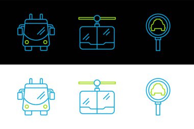 Çizgi büyüteç ve taksi arabası, Trolleybus ve Kablo ikonu. Vektör
