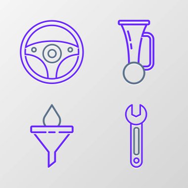 Hat Wrench Funnel ya da filtre ve motor yağı, araç ve direksiyon simgesine sinyal düdüğü yerleştirin. Vektör.