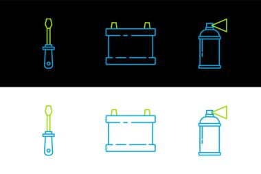 Boya spreyi, tornavida ve araba aküsü ikonunu ayarla. Vektör.