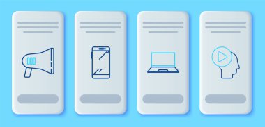 Smartphone, cep telefonu, dizüstü bilgisayar, megafon ve çalma düğmesi simgesi olan insanları ayarla. Vektör