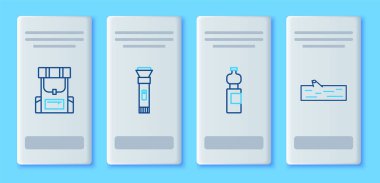 El feneri, bir şişe su, yürüyüş sırt çantası ve tahta kütük simgesi. Vektör