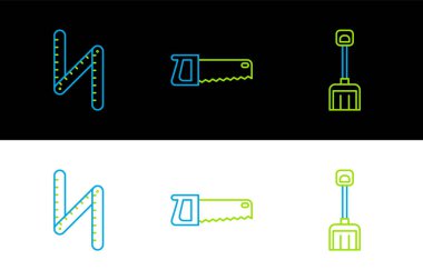 Kar küreği, katlanan cetvel ve el testeresi ikonu. Vektör