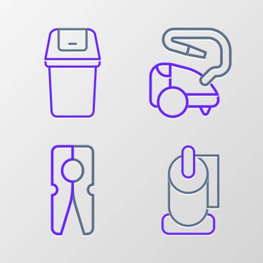 Tuvalet kağıdı rulosu, mandal, elektrikli süpürge ve çöp tenekesi ikonu. Vektör