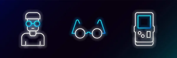 Set Line Tetris Nerd Geek Und Brillen Symbol Leuchtendes Neon — Stockvektor