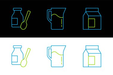 Süt için kağıt paketi, şişede yoğurt ve sürahi sürahi ikonu içmek. Vektör