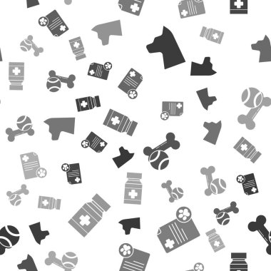 Cat 'i ayarla, klinik kayıt evcil hayvanı olan bir pano evcil oyuncaklar lastik, top, köpek ilacı şişesi ve kusursuz desenli haplar. Vektör.