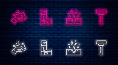 Tıraş köpüğü, saç bakımı için yağ, hazır ve nazır. Tuğla duvarda parlayan neon simgesi. Vektör