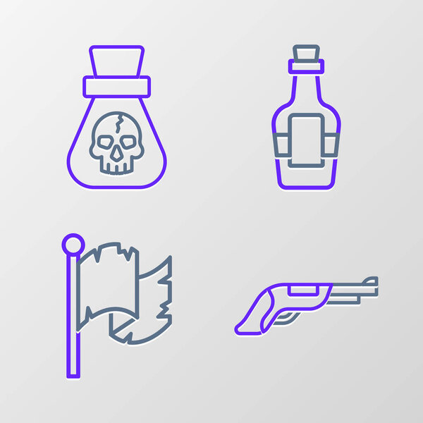 Set line Vintage pistol, Pirate flag, Alcohol drink Rum and coin icon. Vector