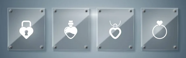集婚戒 心形项链 瓶装爱情药水和城堡为一体 方块玻璃面板 — 图库矢量图片