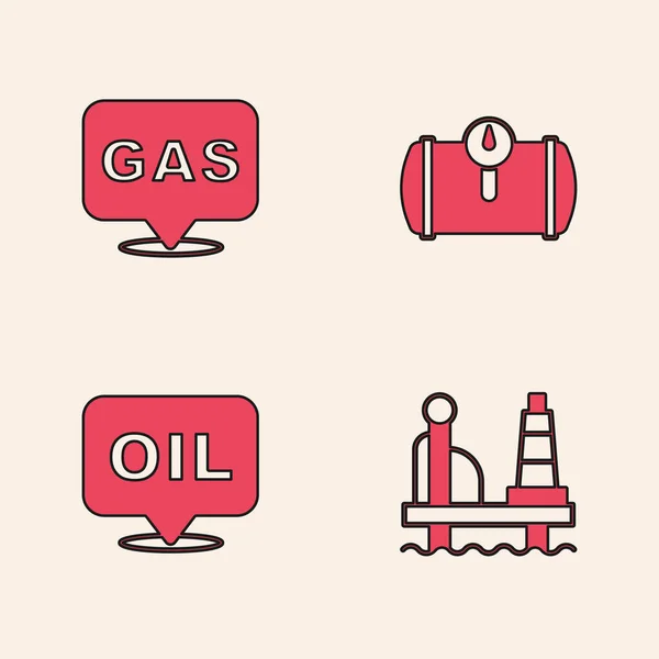 在海上设置石油平台 位置和加油站 油箱车辆和Word石油图标 — 图库矢量图片