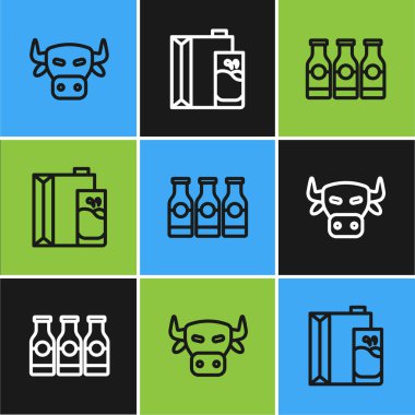 İnek kafası, ikon için süt ve kağıt paketli bir şişe. Vektör.