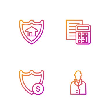 Emlakçı Kalkanı 'nı Dolar Evi kalkanı ve hesap makinesiyle ayarla. Renk simgeleri. Vektör.