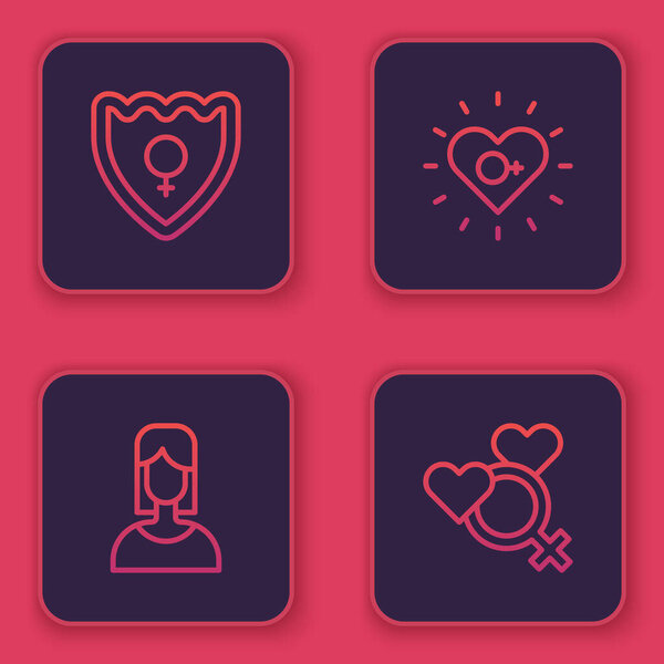 Установить линию гендерного щита Женский феминизм и пол. Синяя квадратная кнопка. Вектор.