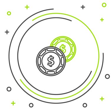 Dolar sembollü çizgi kumarhane çipi beyaz arka planda izole edilmiş. Kumarhane kumarı. Renkli taslak konsepti. Vektör.