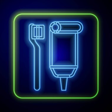 Parlak neon diş fırçası ve mavi arkaplanda izole edilmiş diş macunu ikonu tüpü. Tek kullanımlık tuvalet malzemeleri. Vektör.
