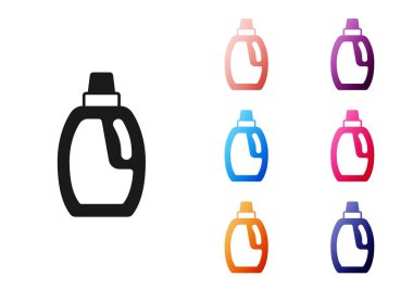 Çamaşır deterjanı, çamaşır suyu, bulaşık deterjanı ya da beyaz arka planda izole edilmiş başka bir temizlik malzemesi için siyah plastik şişe. Simgeleri renklendirin. Vektör