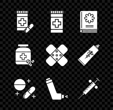 İlaç şişesini, hapları, tıp kitabını veya tableti, astım spreyini, şırıngayı ve çapraz bandaj alçısını hazırla. Vektör