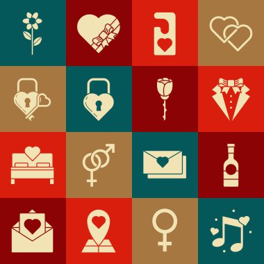 Müzik notası, kalplerin tonu, şampanya şişesi, takım elbise, lütfen rahatsız etme, Castle ve anahtar, çiçek ve gül ikonu şeklinde. Vektör