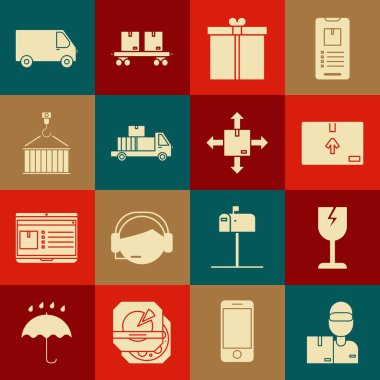 Karton kutulu teslimatçı, kırılgan cam sembol, karton trafik, hediye, kamyon, vinçte konteyner, kargo aracı ve ikon. Vektör