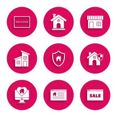 House with Shield, Hanging tabelasını Online Sale, Monitor house 'un kalp şeklini alışveriş mağazası şeklini ve karşılama simgesini belirle. Vektör