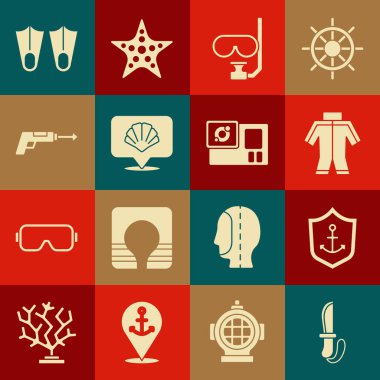 Set Bıçağı, Anchor iç kalkanı, dalgıç giysisi, dalış maskesi ve şnorkel, deniz kabuğu, balıkçı zıpkını, lastik yüzgeçler ve kamera ikonu. Vektör