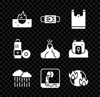 Buz dağı, tıbbi koruyucu maske, plastik torba, yağmurlu bulut, atık su, küresel ısınma ateşi, batarya ve volkan püskürtme lav ikonu. Vektör