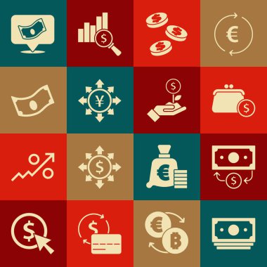 Stacks kağıt para, bozuk para, bozuk para, Yen ve Dolar bitki ikonu ile cüzdan ayarla. Vektör