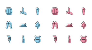 Müzik aleti trompeti, bira şişesi, tahta fıçı, yazılı sokak tabelası, Oktoberfest şapkası, Hop, bir bardak bira ve musluk ikonu. Vektör