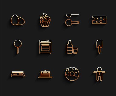 Elektronik teraziler, krep yığını, tavuk yumurtası, tatlı jöleli donut, bayram zencefilli kurabiye, fırın, Spatula ve cam şişe ikonu. Vektör