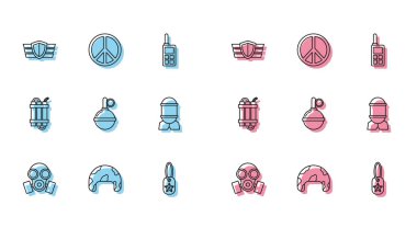 Gaz maskesi, askeri miğfer, ödül madalyası, künye, el bombası, el bombası, dinamit çubuğu ve barış simgesi. Vektör