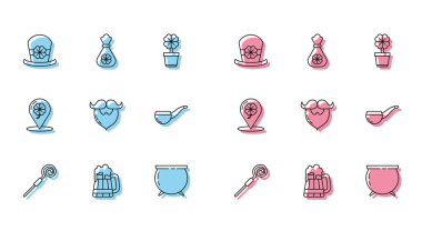 Sıraya dizilmiş baston, tahta bira kupası, leprikon şapka ve dört yapraklı yonca, cadı kazanı, bıyık sakalı, sigara piposu, ikonlu konum ve para çantası. Vektör