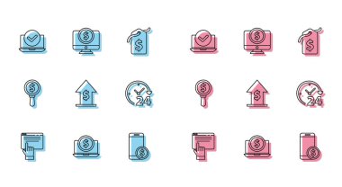 Çevrimiçi çevrimiçi alışveriş ekranda, bilgisayarlı dolar, akıllı telefon, maddi büyüme ve bozuk para, saat 24 saat, büyüteç ve bilgisayar monitörü ikonu. Vektör