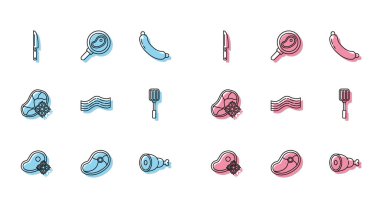 Taze donmuş biftek, biftek, bıçak, tavuk budu, domuz pastırması şeridi, Spatula ve kızartma tavası ikonu. Vektör