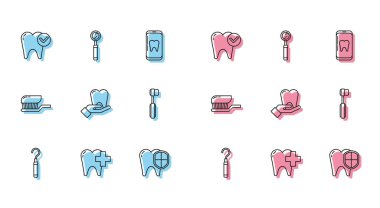 Diş macunu ve teftiş aynası ikonu ile diş bakımı, diş beyazlatma konsepti, koruma, diş fırçası ve diş fırçası için diş hekimi pulu ayarla. Vektör