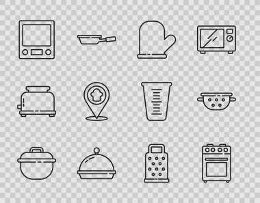 Hattı kur, tencere, fırın, eldiven, tepsiyle kaplanmış yiyecek, elektronik pullar, şef şapkası konumu, Grater ve Kitchen süzgeç ikonu. Vektör