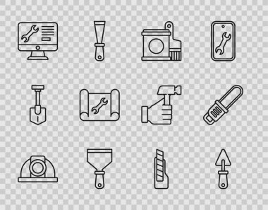 Hat çizgisi güvenlik kaskı, Trowel, boya kovası ve fırça, macun bıçağı, bilgisayar monitör servisi, kağıt anahtarlar, kırtasiye ve testere ikonu. Vektör