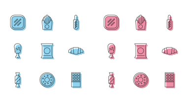 Sıra Candy, Donut, Biftek, Çikolata, Poşet veya patates cipsi, Kruvasan, Tavuk budu ve patates kızartması. Vektör